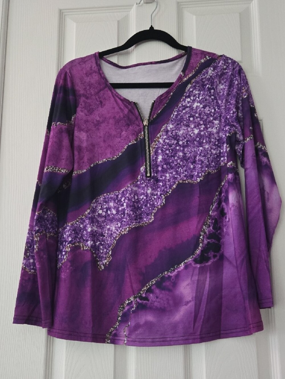Purple Long-Sleeve V-Neck Zip Detail Women's Top